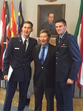 Maj. Gen. Dunlap awarded Judge Advocate Specialty badges to two former students, First Lieutenants Chris Pilch and Greg Speirs upon their graduation from the U.S. Air Force's Judge Advocate Staff Officers' Course.