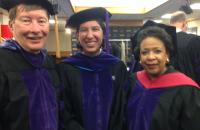 Newly commissioned 2LT Gabs Lucero (center) was the JD student speaker at Duke Law’s hooding ceremony on May 12, 2017, which also featured guest speaker Loretta Lynch.